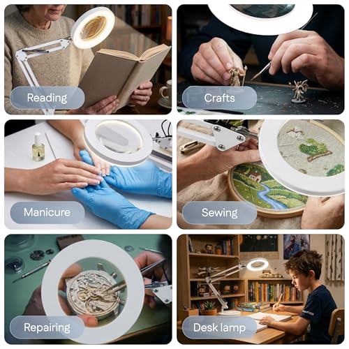 10X Magnifying Lamp - Desk Magnifying Glass with Light, Lighted Magnifying Glass with Stand, Magnifying Light, 5 Color Modes, 2 Mounting Options, USB Cable, Adapter & Magnetic Tray, White - color: White