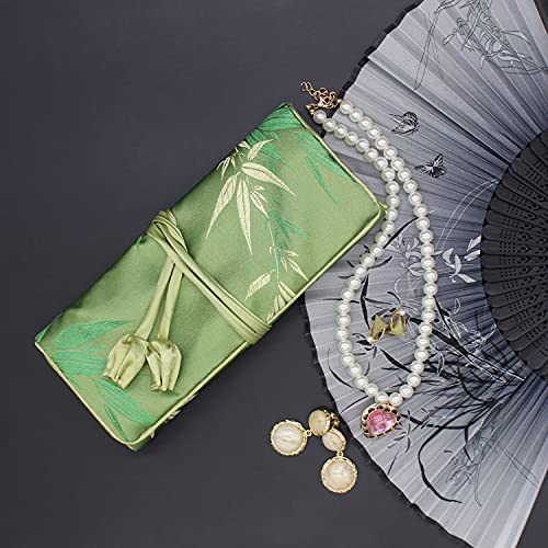 SmilerSmile Jewelry Travel Bag Embroidery Travel Jewelry Organizer with Tie Close Embroidered Flower Jewelry Roll for Women Girls (Bamboo Green) - color: Bamboo Green