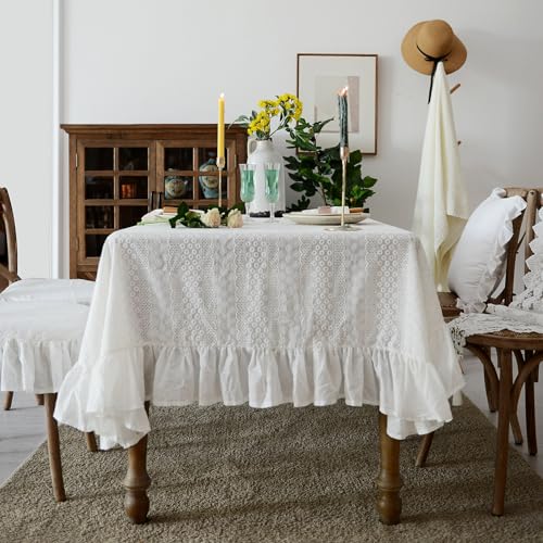 ARTMAGIC White Ruffled Lace Cotton Rectangular Tablecloth, 60"x84" - size: 84" x 60" (Rectangular)
