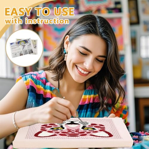 Doodlream Pink Leopard DIY Punch Needle Embroidery Kit for Adult Beginner, 9.4" Pink Leopard Punch Stitching Craft Set for Starter with Frame, Fabric Pattern, Threader, Yarn, Pinch Needle - color: Pink Leopard