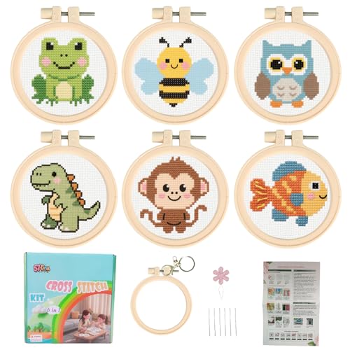 57lilina Cross Stitch Kits for Kids, 6 Set Easy Beginner Embroidery Pattern - color: Frog+Bee+Owl+Dinosaur+Monkey+Fish