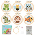 57lilina Cross Stitch Kits for Kids, 6 Set Easy Beginner Embroidery Pattern - color: Frog+Bee+Owl+Dinosaur+Monkey+Fish