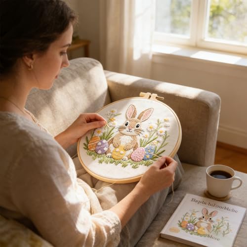 BoAn Rabbit Embroidery Kit for Beginners, DIY Cross Stitch Kit with Hoop - color: rabbit-1