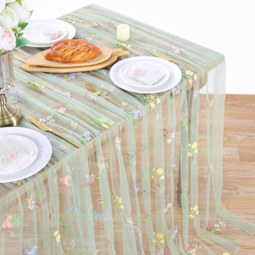Floral Gauze Table Runner Green 10ft Embroidery Tulle Spring Wildflower - color: Green, size: 60"x120",1pc