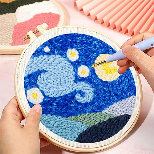 Allazone Punch Needle Starter Kit, Pattern & Fabric Embroidery, Adjustable Embroidery Pen for Adults & Kids Beginners (Mondlicht & See) - color: Mondlicht & See