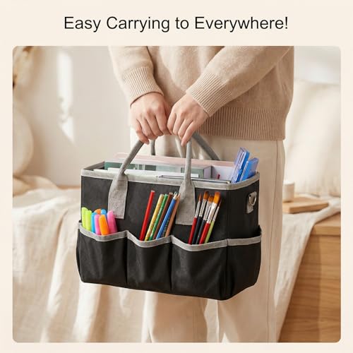 Kegeeei 2 Pack Art Organizer Craft Storage Tote Bag, Oxford Fabric Carrying Caddy with Multiple Pockets for Office, Studio, Travel & Home, Black