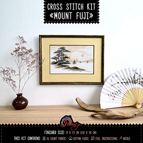 Povitrulya Counted Cross Stitch Kit 'Mount Fuji' - 11"x7.1", Aida Cloth 16 Count - Landscape of Fuji Mountain, Japan - size: Mount Fuji - 11" х 7,1" (28 х 18 cm)