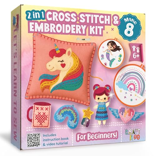 2-in-1 Cross Stitch & Embroidery Kit for Kids - 8 Beginner Projects - style: 2-in-1 Kit (8 Projects)