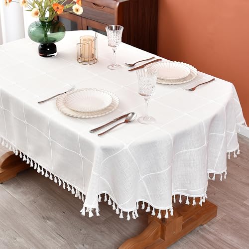 Plaid Farmhouse Tablecloth Checkered Cotton Linen Heavy Weight Table Covers Square 70x70 Inch - color: Off-white, size: 70" x 70" (Square)