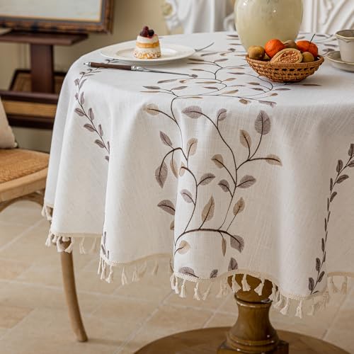 Joyfol Day Round Linen Tablecloth, Heavy Duty Waterproof Tablecloths, Farmhouse Embroidery Leaves Table Cloth with Tassels, Soft Wrinkle Free Table Cover, Coffee Vines, 55 inch - color: Coffee Vines, size: 55" (Round)