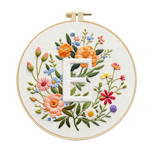 Zhenqing Letter E Floral Embroidery Kit for Beginners, Pre-Printed 29x29cm Cotton Fabric with 20cm Hoop, Elegant Monogram Art for Home Decor(C0088)