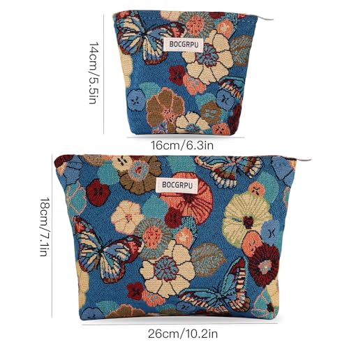 Butterfly Floral Cosmetic Bag Blue Base Zipper Travel Makeup Pouch - color: Flower Garden Blue