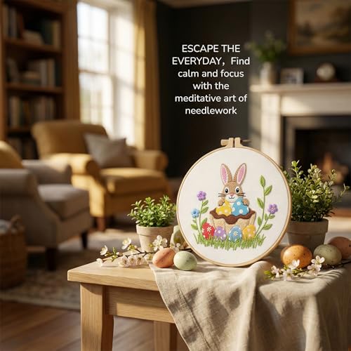 WaFtesh Embroidery Kits for Beginners Adult, DIY Hand Embroidery Cross Stitch Starter Set with Pattern, 3D Rabbit Needlepoint & Cross Stitch 7.9 Inch Hoop Threads, Needles, Instruction - color: Bunny-1