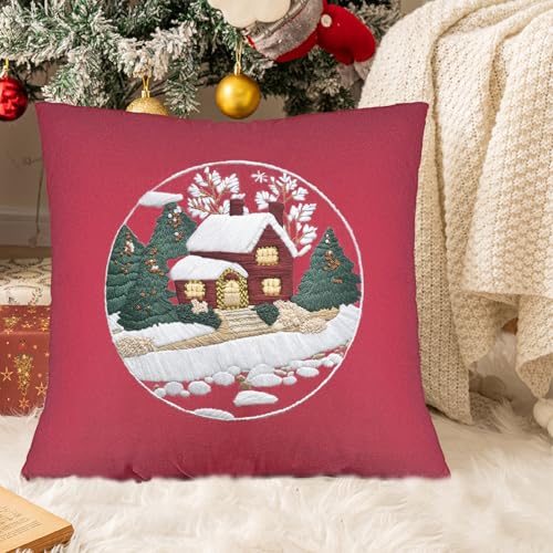 FONNUY Christmas Embroidery Kit for Beginners, Throw Pillow Case Cross Stitch Set Winter Snow House Holly Tree Pattern for Adults, Hand Works Crafts Throw Pillow Cover, 18 x 18'' (Red) - color: Red