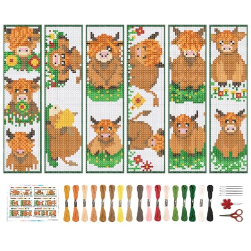 BEUNITONE 6 Pcs Highland Cow Cross Stitch Bookmark Kit for Beginner Stamped Embroidery Kit 8''2.4'' - style: Highland Cattle