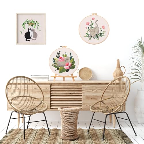 LB Funny Cat Embroidery Kit for Beginners Adults, 3 Sets Hand Embroidery Starter Kit with Floral Pattern and Instructions Stamped Cross Stitch Kits Include Embroidery Hoop Needles Threads Scissors - color: Grey