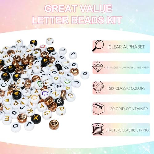 Amaney 1500 Pieces 6 Colors 4x7mm Round Acrylic Alphabet Letter Beads A-Z Mixed and Crystal Line for Jewelry Making - color: Multicolor, size: 7x4mm