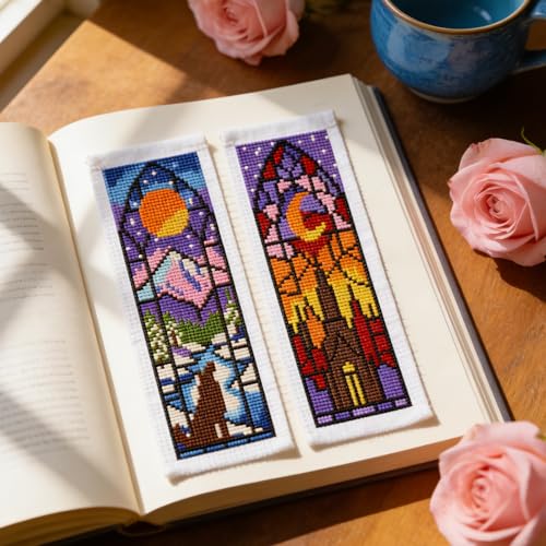 ACRNIGHEET 6PCS Cross Stitch Kits Stamped Cross Stitch Bookmark Kit for Beginner Adults Window View DIY Embroidery Bookmark Kit Needlepoint Kits with Instructions Book Lovers Craft Gift 8.5''x3'' 11CT - style: Window view patterns