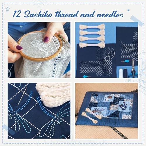 Zeyune 12 Pcs Sashiko Thread Kit with Needles, White, 100% Cotton 20m Each - color: White