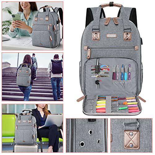 SINVICKO Crochet Bag, Knitting Bag Backpack and Totes Organizer with USB Charging Port, Large Yarn Storage Tote Bag - color: Grey