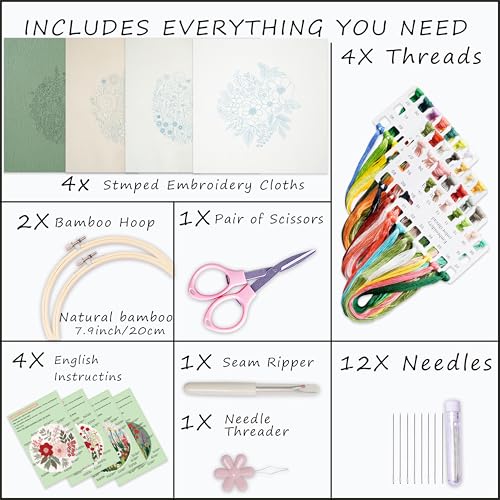 Bonroy Embroidery Kit for Beginners with Instructions,Cross Stitch Kits for Adults with Pattern,Needlepoint Kits for Adult Include Embroidery Cloth Hoops Needles Threads (flowers5) - color: flowers5