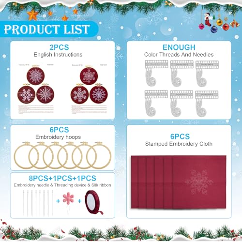 6 Sets Christmas Embroidery kit for Beginners Adults, Antique Red Christmas Ornament Kit Snowflakes Needlepoint Cross Stitch Kits with Patterns, Stitch Learning Kit with Needles Ropes Ribbon-Red - color: Red
