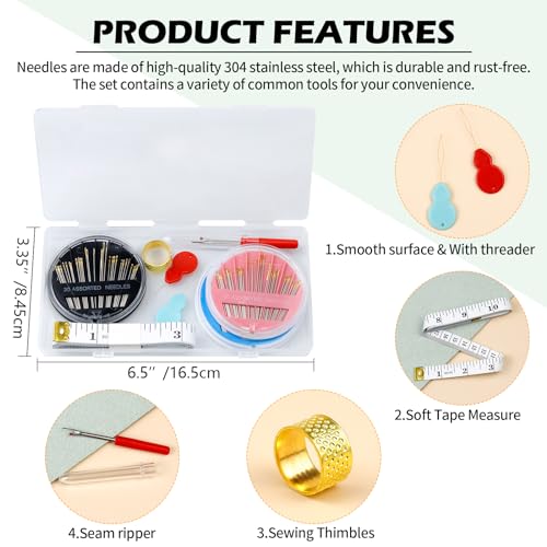 FIVEIZERO Premium Hand Sewing Needles Set,90-Count Assorted Embroidery Needles with threaders,Thread Removal Knife, Thimble,Soft Tape Measure for Hand Sewing Repair - color: Pink+Black+Blue