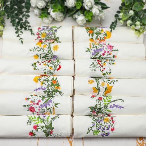 Tioncy 6 Pcs Floral Embroidery Napkins 18" Embroidery Flower Linen Cotton Napkin Bulk for Wedding Tea Cocktail Spring Flower Birthday Party Table Centerpiece Mexican Kitchen Curtain Decor (White) - color: White