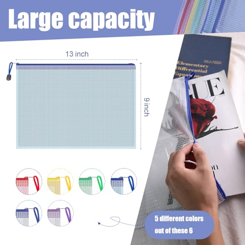 Koogel 5PCS Mesh Zipper Pouch Bags, A4, Waterproof File Folders, 5 Colors