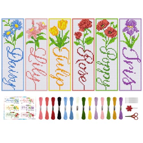 BEUNITONE 6 PCS Cross Stitch Bookmark Kit for Adults Beginners,Text and Flowers Pre-Printed Cross Stitch,DIY Stamped Embroidery Bookmark Kits,with Instructions,Craft Kit for Book Lovers 8.5''x3'' - style: Text And Flowers
