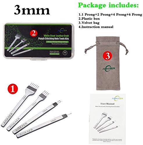 Aiskaer Leather Stitching Punch Set, Diamond Chisel Tools, 3mm White Steel 1/2/4/6 Prong for Leather Craft DIY - size: 3mm