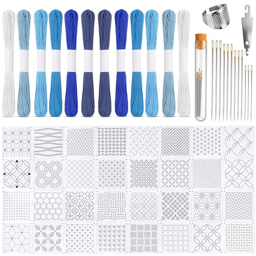 58 Pcs Sashiko Thread Kit with Plastic Sashiko Stencil, Thimble and Needles, Geometric Embroidery Pattern, Sashiko Template for Hand Quilting and Embroidery Projects Jeans Repair DIY Gift
