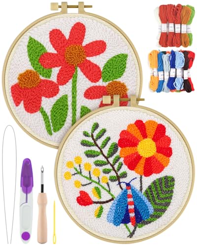ERKOON Punch Needle Kit Adults Beginners, 2 Pcs DIY Easy Flower Embroidery Set for Starter Art Craft, Needling Punching Project with Patterns, Tools, Yarns, Hoop, Instruction (Safflower) - color: Safflower
