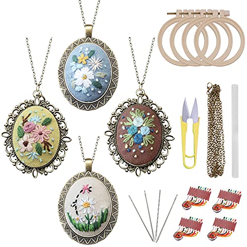 ZOCONE 4 Packs Embroidery Necklace Kits, Embroidery Pendant Kit Mini Cross Stitch Kit with 4 Hoops, Necklace, Pendant, Stamped Pattern Cloth, Instructions, etc., Embroidery Kits for Adults - color: 4 Packs-A