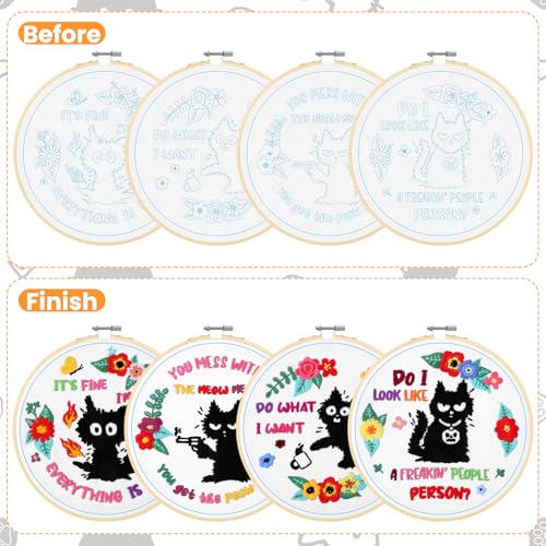Rivvlive 4 Sets Cat Embroidery Kit with Hoop, Needlepoint Crafts Set - style: Cat
