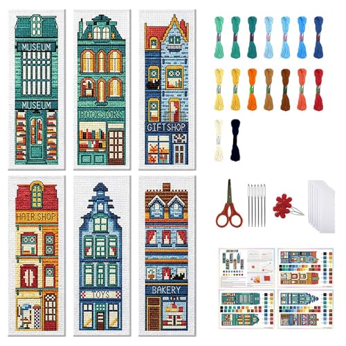 FREEBLOSS 6 Set Cross Stitch Bookmark Kits 11CT 8"x2.4" Street View - style: Bookstore house