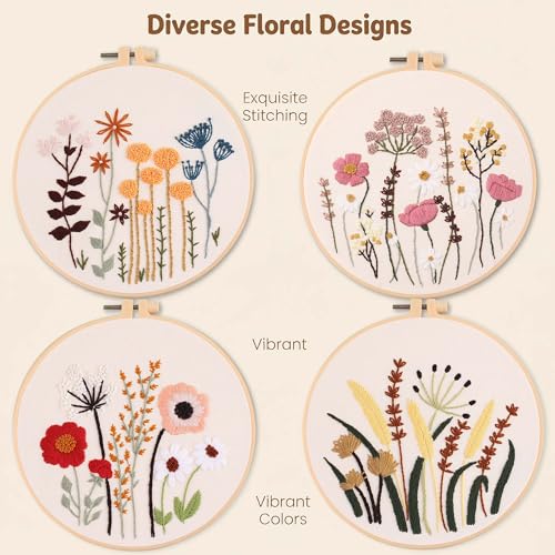 Harimau Adult Beginner Embroidery Starter Kit, Complete Set with 4 Patterns, 2 Hoops, Needles, Scissors, Instruction Guide & Stitching Video Tutorials - color: Floral4 pattern