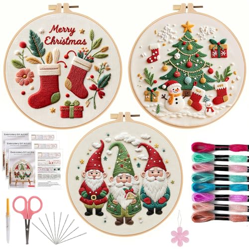 Offizon Christmas Embroidery Kit for Beginners, 3 PCS Starter Cross Stitches, Winter Santa Handicrafts, Merry Chistmas - color: Christmas Beige