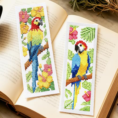 INFUNLY 6PCS Parrot Cross Stitch Bookmark Kits 3×8.5inch Bookmark Making Kit for Beginners Birds DIY Stamped Embroidery Bookmarks with Instruction for Book Lovers Reader Writers - style: Parrot