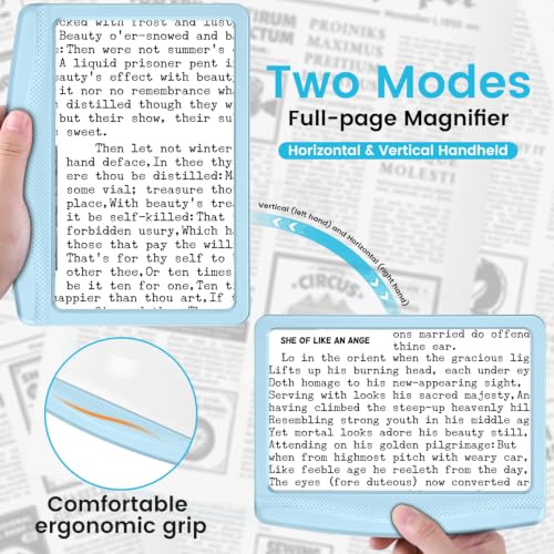 Rechargeable 5X Magnifying Glass for Reading, Large Bright Full Page Magnifier with Light, Handheld LED Dimmable Lighted, Lightweight Book Magnifier for Reading Seniors, Light-Blue - color: Light-blue