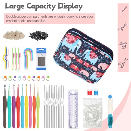 Katech Portable Travel Crochet Hooks Case w/Zippe Pocket Elephant Pattern - color: Elephant Pattern