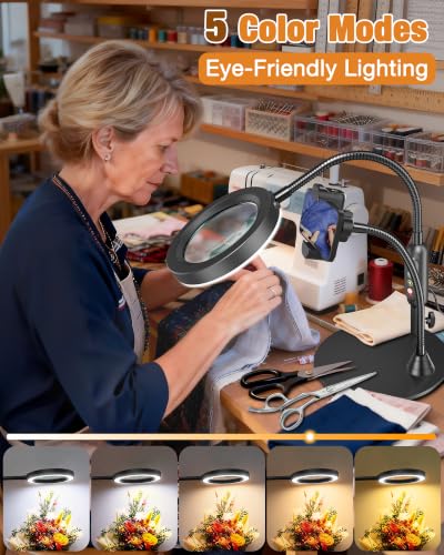 30X 10X Magnifying Glass with Light and Phone Holder, 5 Color Modes Stepless Dimmable, Optical Grade HD Lens, LED Lighted Magnifier Hands Free with Flexible Gooseneck for Close Work, Craft, Hobby - color: Black, size: 4.3in-16in & Base with Phone Holder