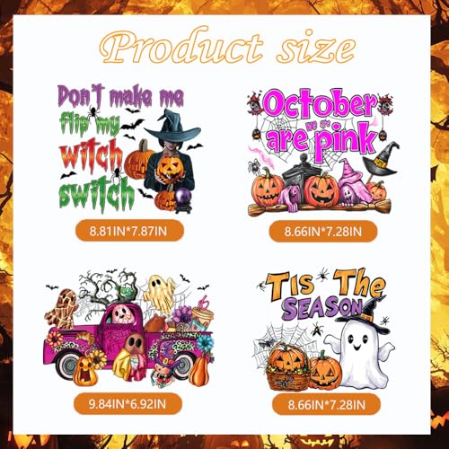 4 Sheet Halloween Iron on Transfers Stickers Cute Ghost Theme Iron on Patches Spider Pumpkin Witch Design Washable Heat Transfer Vinyl Decals for Clothes Bag Pillow Covers Fabric DIY Craft Supply - color: H