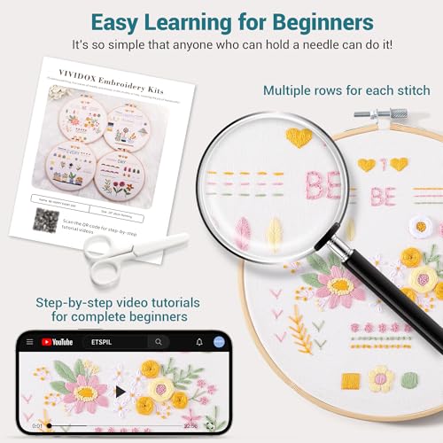 VIVIDOX 4 Sets Embroidery Kit for Beginners Adults, 25 Stitches Practice Kits Cross Stitch for Starter, DIY Hand Craft with Stamped Pattern, Bamboo Hoop, Threads, Scissors, Tools, Instruction - color: 25 Stitches Practice Kit (with 1 Hoop)