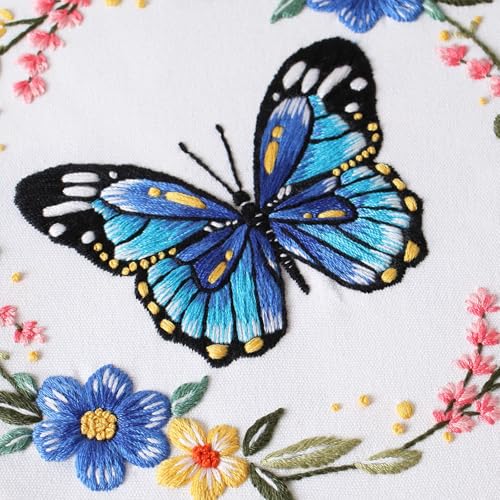 GLTAYLMY 3 Sets Butterfly Embroidery Starter Kit for Beginners Flower Stamped Cross Stitch Kits with Instructions for Beginners Adults Include Embroidery Hoop Threads and Needles - color: BU1EBK