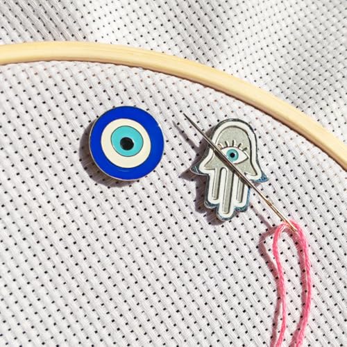 ESWEUOOM Evil Eye Needle Minder Magnetic, Protection Needle Nanny Keeper for Cross Stitch Embroidery Sewing Needle and Pin Holders Needlework Accessories Set Blue Silver Stainless Steel