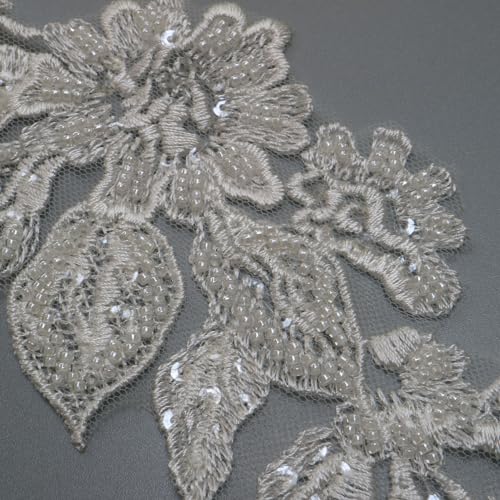 2yard Sequins Beaded Flower Embroidery lace Appliques for Wedding Dresses Rhinestone Applique Patches lace Trims parches ropa (Off White) (P3286A) - color: SPXB-P3286A-2yR22