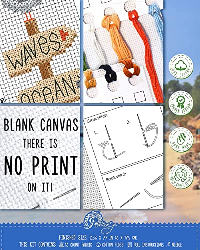 Povitrulya Beach Signs Cross Stitch Bookmark - Coastal Wood Signs Embroidery Set with Paper Pattern, 16 Count Aida Cloth and Pre-Sorted Floss - color: Beach Signs