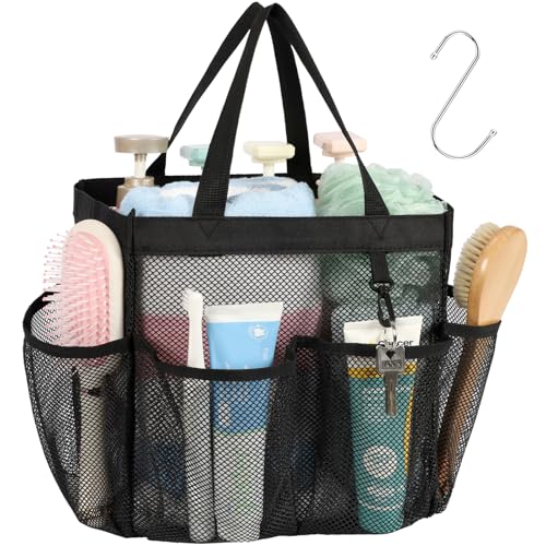 Mesh Shower Caddy Portable - 8 Pockets, S-Hook, Shower Bag for Dorm Camping - color: 1 Pack Black, size: L (Classic Dorm Caddy)