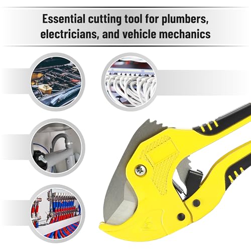 Bates- PVC Pipe Cutter, Cuts up to 1-5/8", Ratchet Pipe Cutter, PEX Cutting Tool for Cutting PEX, PVC, PPR Plastic Hoses and Plumbing Pipes, Black & Yellow - color: Black & Yellow